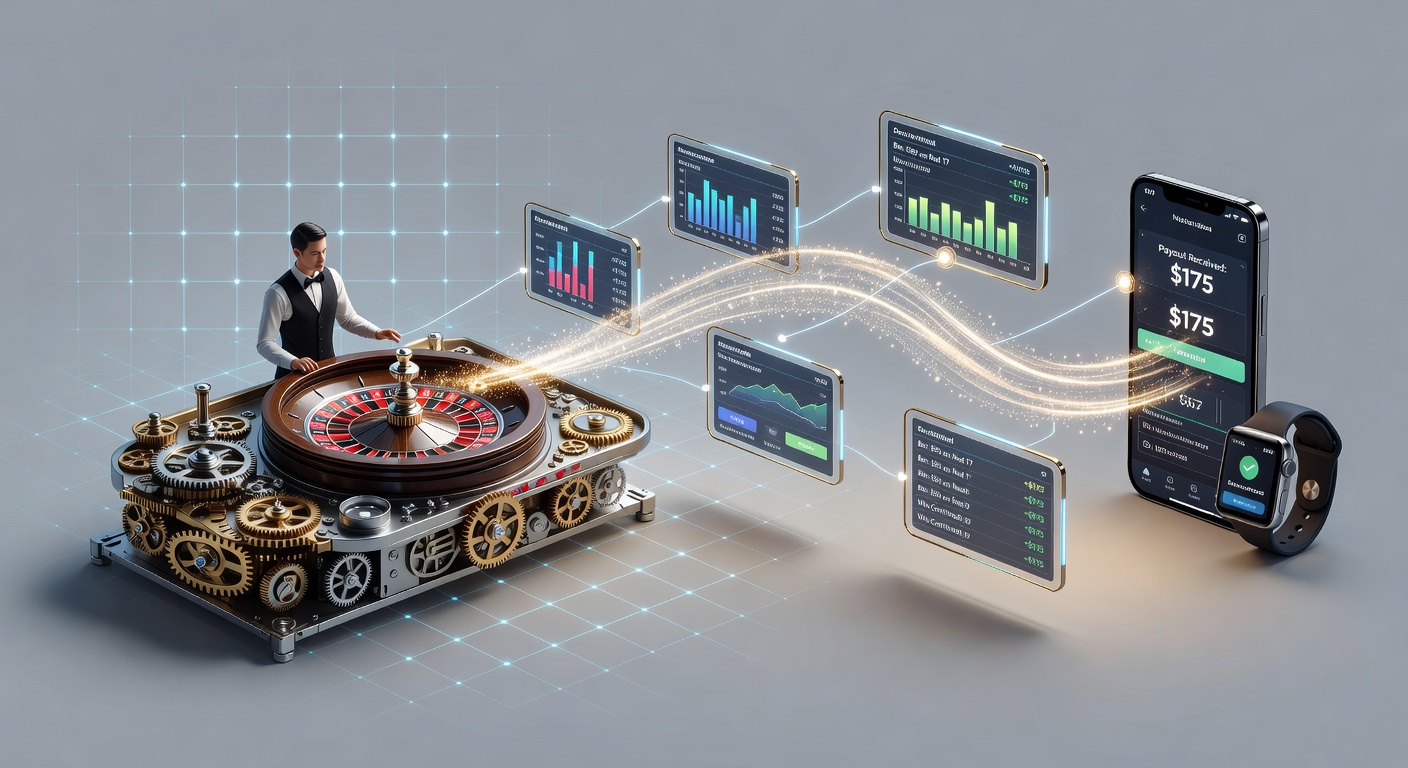 Interaktive Darstellung eines Blockchain-Ledgers, das Auszahlungstransaktionen von Live-Casino-Tischen zu Wallets-Icons verbindet, mit Zeitstempeln und Sicherheits-Symbolen
