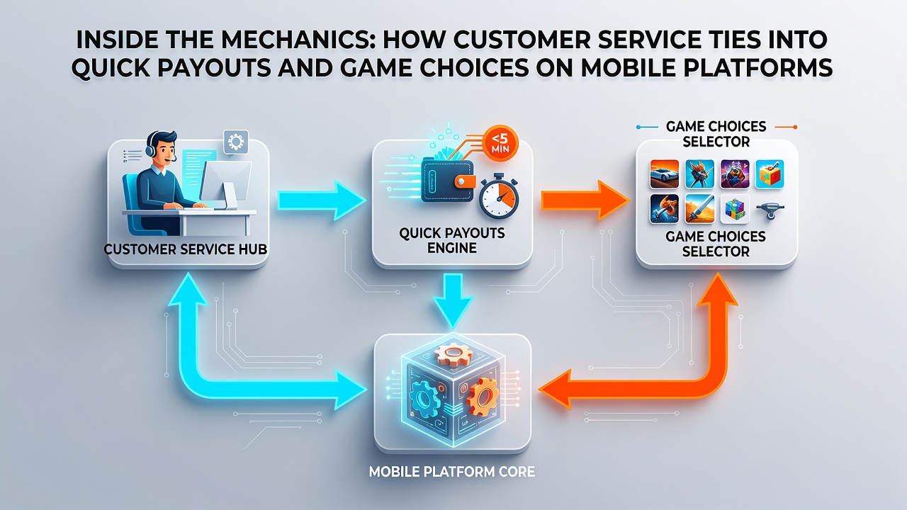 Illustration der Support-Interaktionen mit Auszahlungswegen und mobilen Spielmechanismen