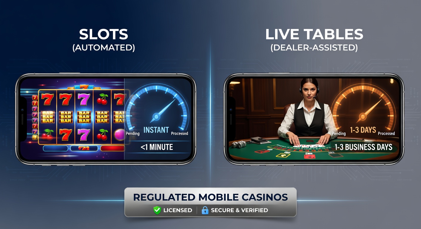 Live-Dealer am Blackjack-Tisch auf einem Smartphone-Bildschirm, neben einem Slot-Spiel mit Auszahlungs-Animation